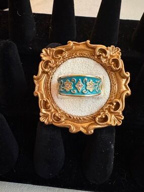 Turquoise Enamel Filigree Band Ring - Gold Accents